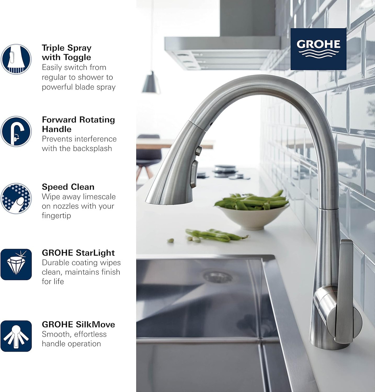 Grohe 32298DC3 Zedra Single-Handle Pull Down Kitchen Faucet Triple Spray 1.75 GPM In Supersteel Finish