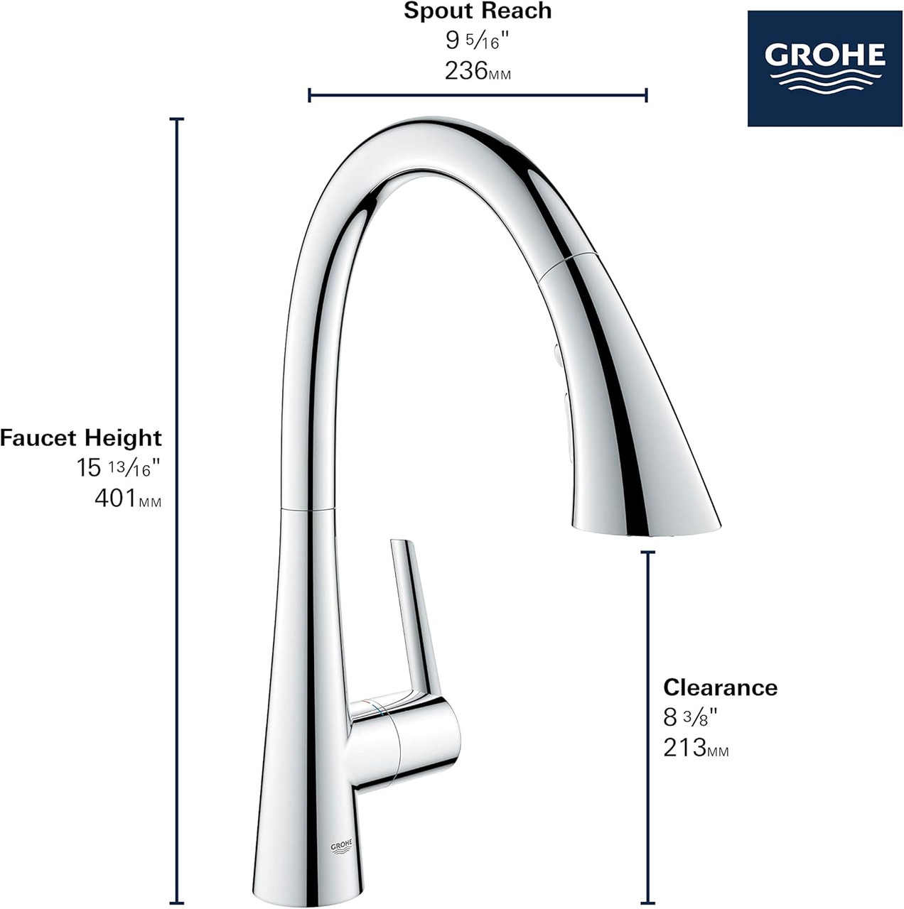 Grohe 32298DC3 Zedra Single-Handle Pull Down Kitchen Faucet Triple Spray 1.75 GPM In Supersteel Finish