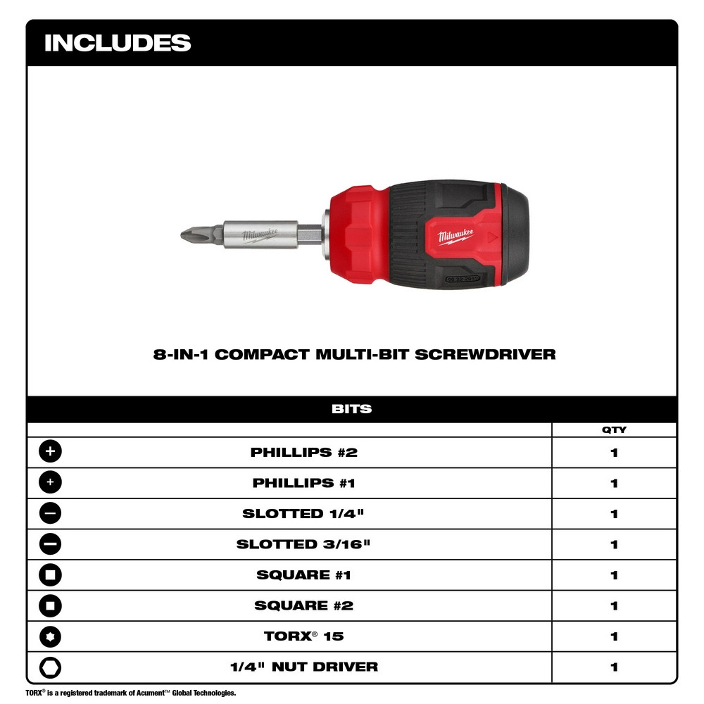 Milwaukee 48-22-2910 8-in-1 Compact Multi-Bit Screwdriver