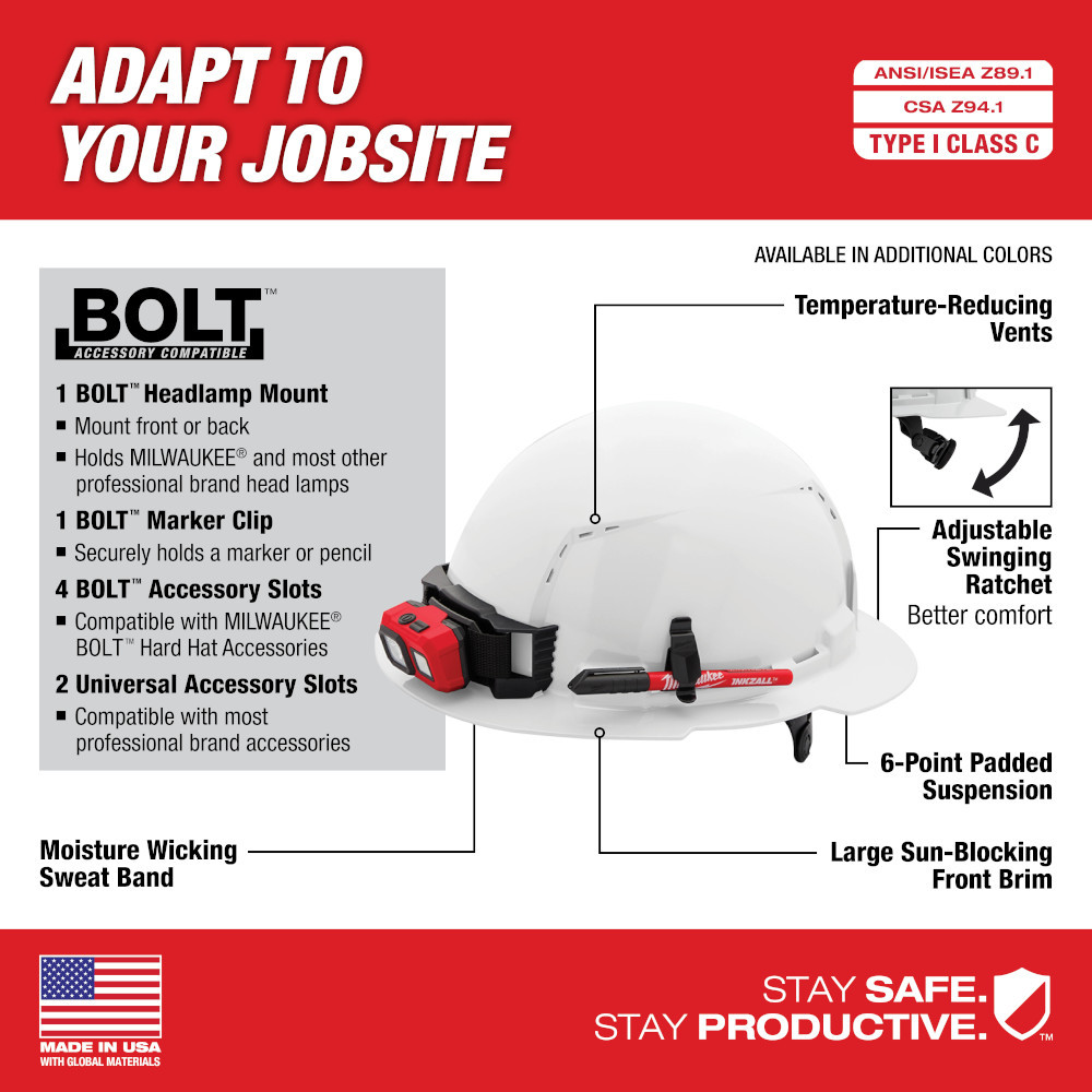 Milwaukee 48-73-1231 Black Full Brim Hard Hat w/6pt Ratcheting Suspension