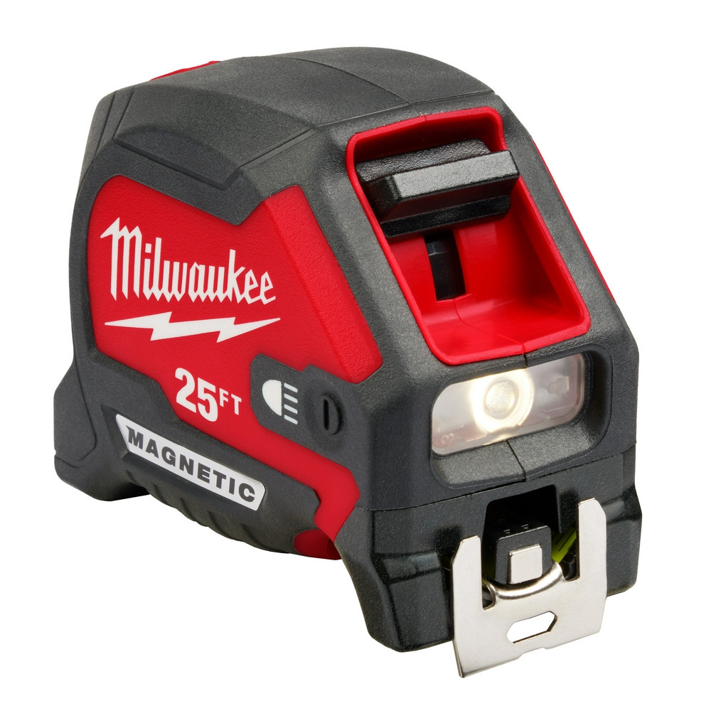Milwaukee 48-22-0428 25ft Compact Wide Blade Magnetic Tape Measure with Rechargeable 100 Lumen Light