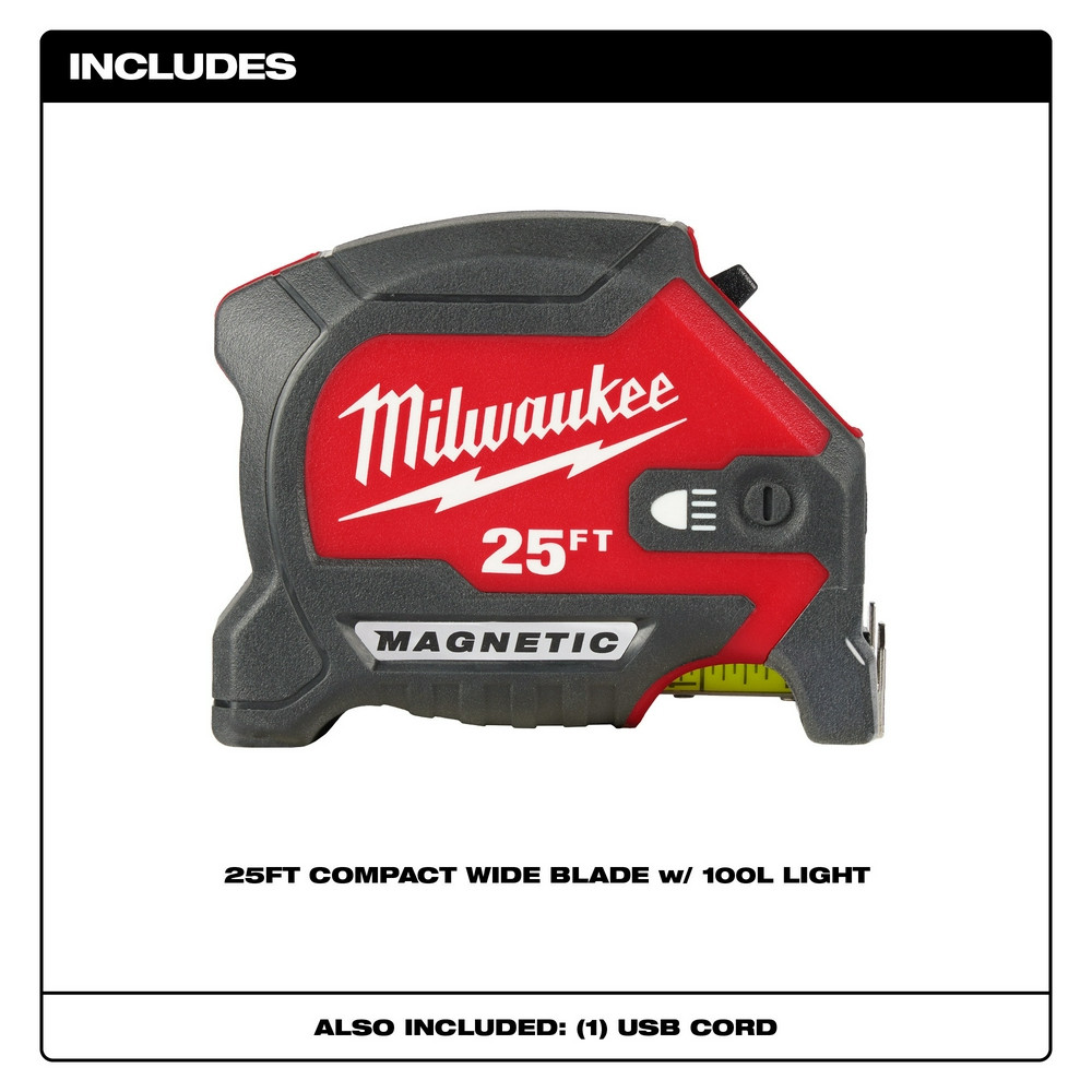 Milwaukee 48-22-0428 25ft Compact Wide Blade Magnetic Tape Measure with Rechargeable 100 Lumen Light