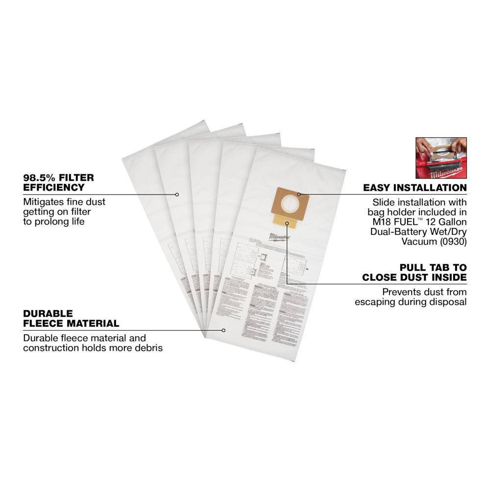 Milwaukee 49-90-1999 12 Gallon Fleece Dust Bags 5 Pack
