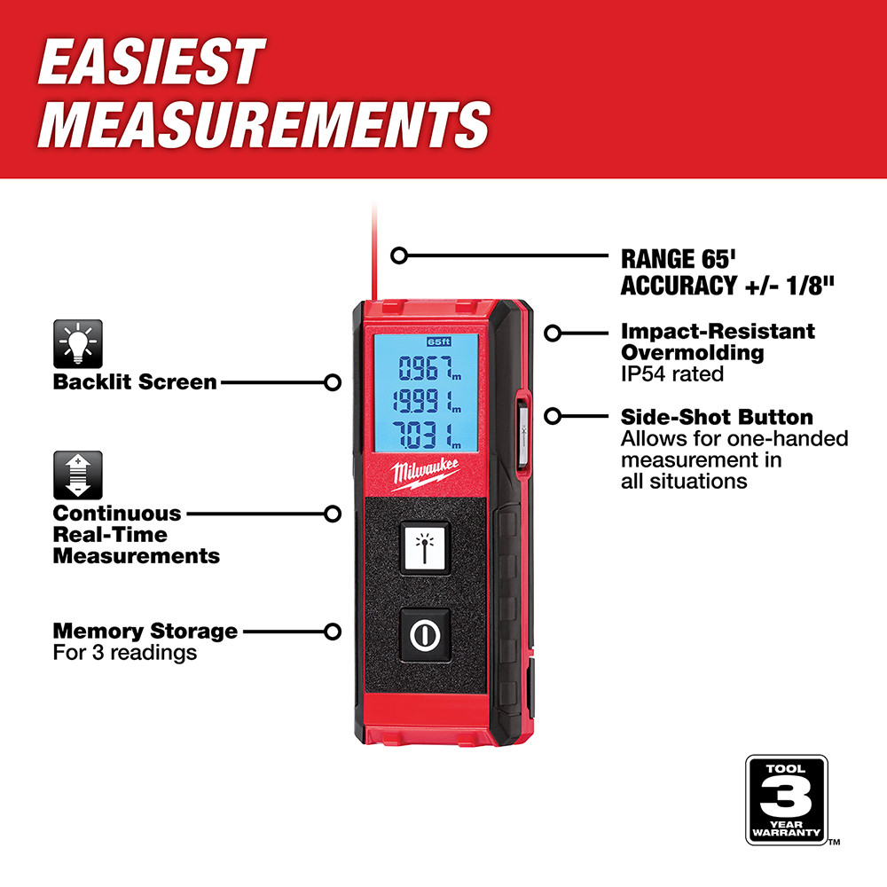 Milwaukee 48-22-9801 Laser Distance Meter 65 ft Measuring Range