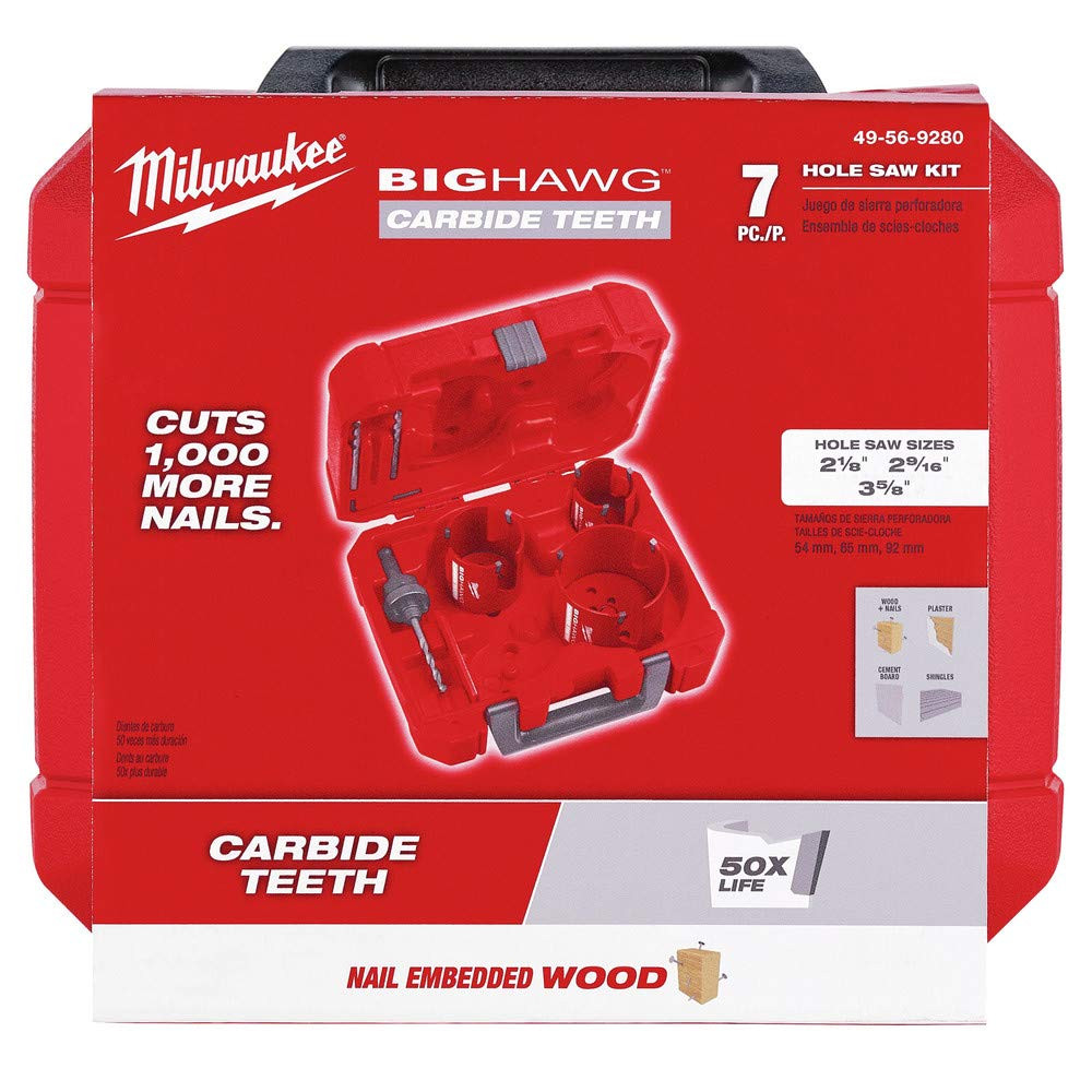 Milwaukee 49-56-9280 7 Piece Big Hawg Hole Saw Kit with Carbide Teeth