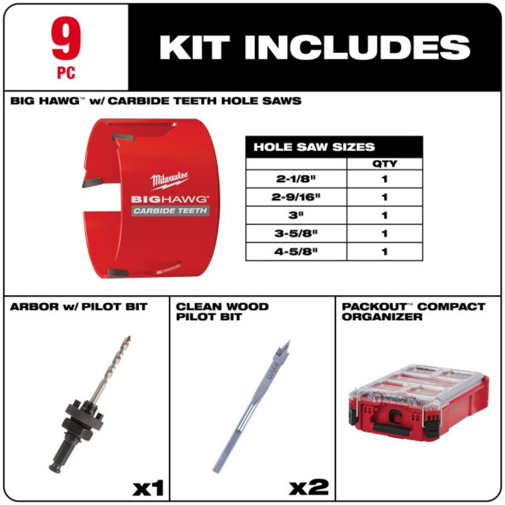 Milwaukee 49-56-9295 9 PC BIG HAWG with Carbide Teeth Hole Saw Kit with PACKOUT Compact Organizer