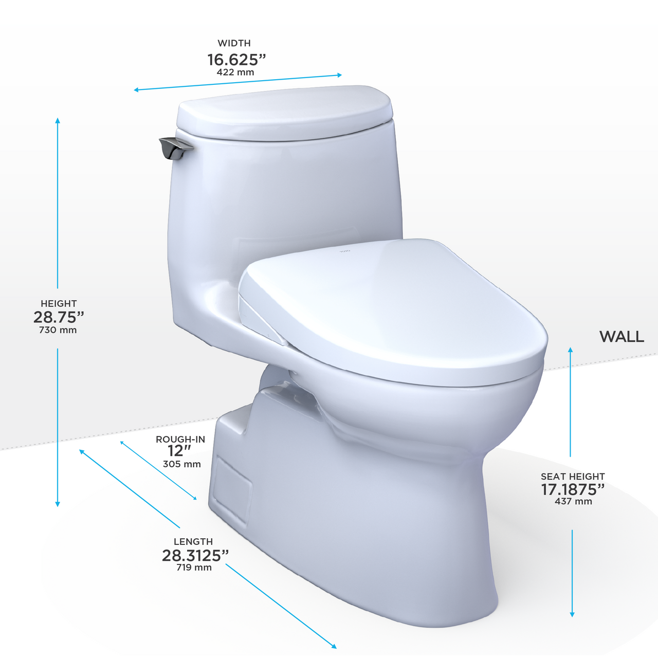 Toto Carlyle II 1G One Piece Elongated Universal Height Toilet with CEFIONTECT 1.0 GPF with Contemporary Washlet+ Auto Flush S7A Bidet Seat in Cotton White