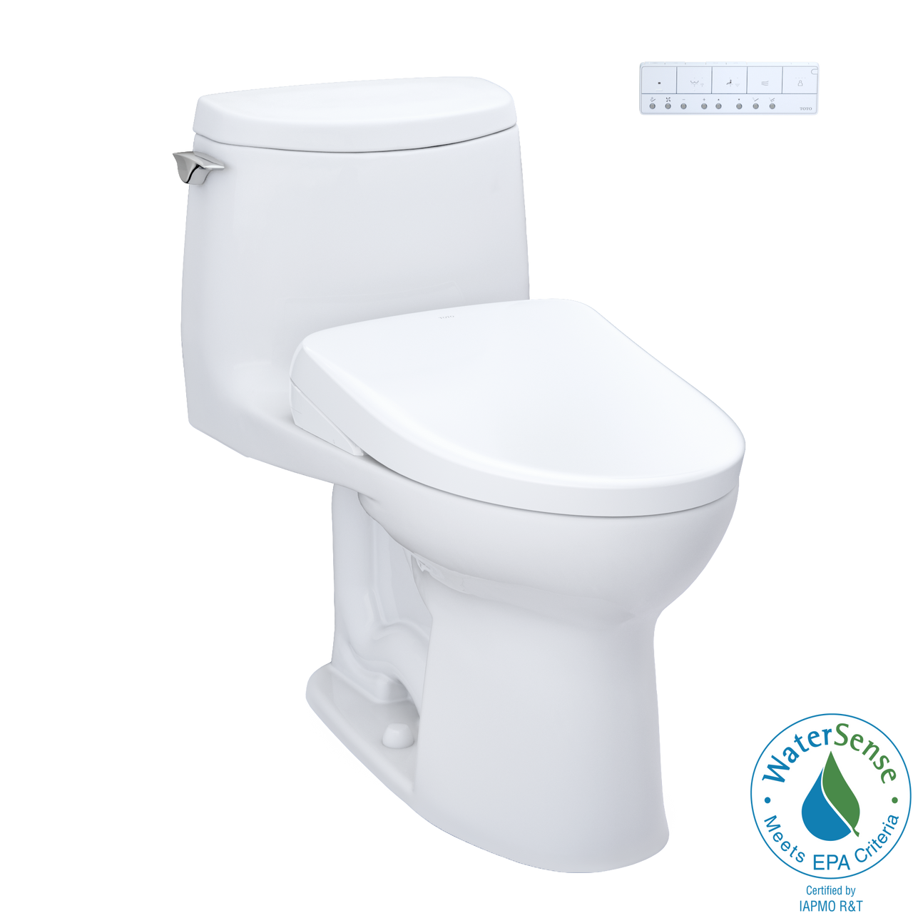 Toto UltraMax II 1G One Piece Elongated Universal Height Toilet with CEFIONTECT 1.0 GPF with Contemporary Washlet+ S7A Bidet Seat in Cotton White