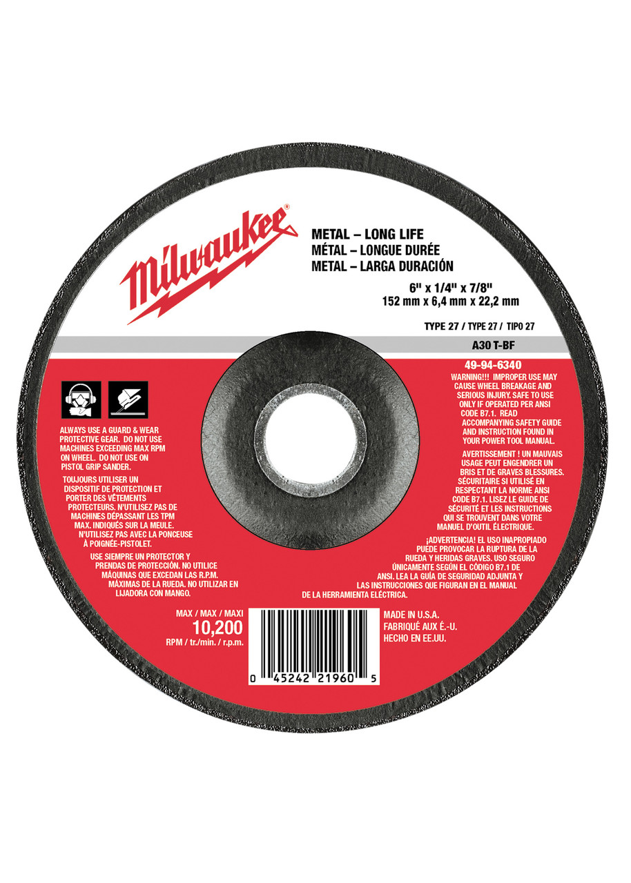 Milwaukee 49-94-6340 6 in. x 1/4 in. x 7/8 in. Grinding Wheel (Type 27)