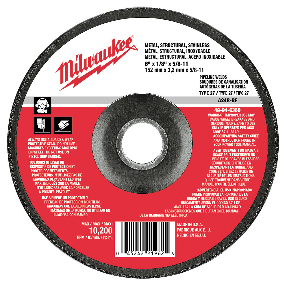 Milwaukee 49-94-6360 6 in. x 1/8 in. x 5/8-11 in. Grinding Wheel (Type 27)