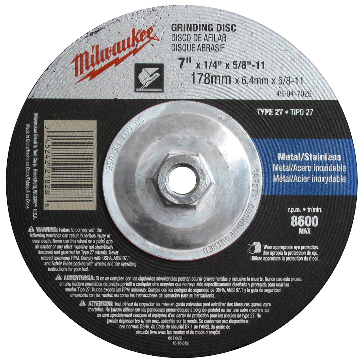 Milwaukee 49-94-7020 7 in. Grinding Wheel Type 27