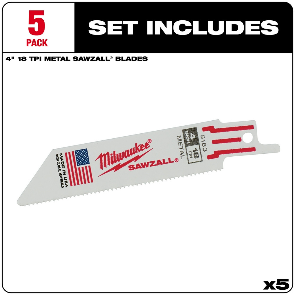 Milwaukee 48-00-5183 4 in. 18 TPI Thin Kerf SAWZALL Blades 5PK