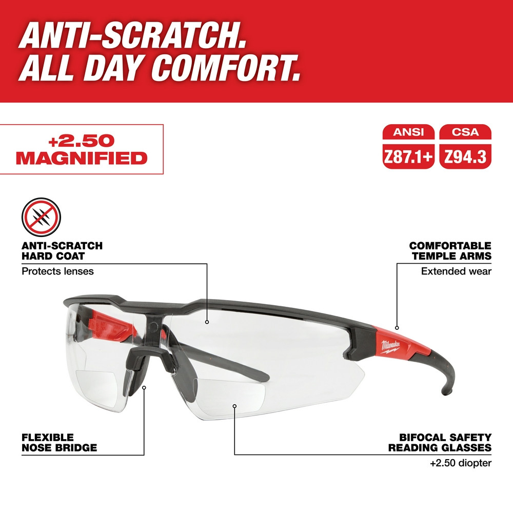 Milwaukee 48-73-2206 Safety Glasses - +2.50 Magnified Clear Anti-Scratch Lenses