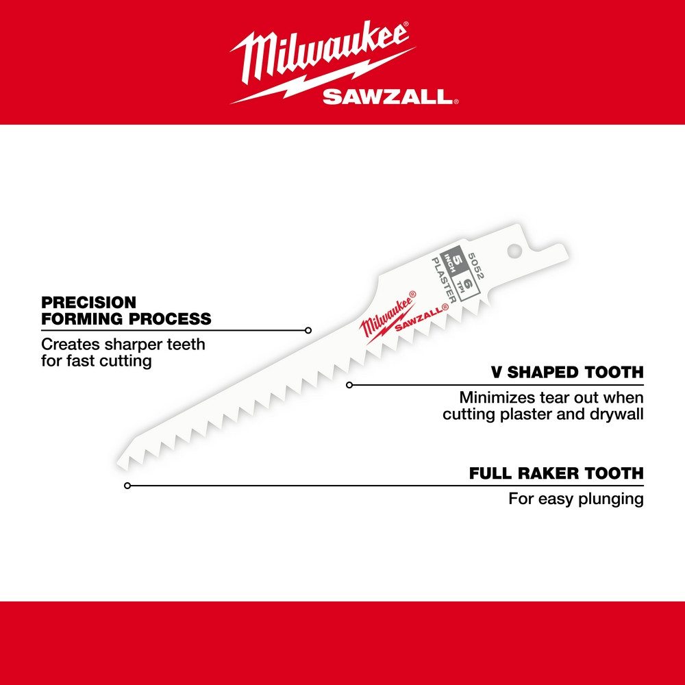 Milwaukee 48-00-5052 5 in. 6 TPI Plaster SAWZALL Blades 5PK