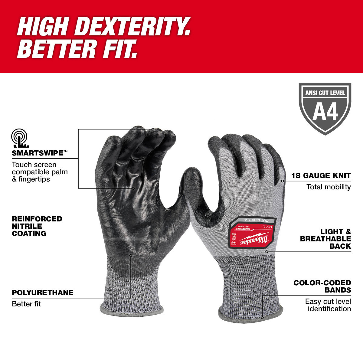 Milwaukee 48-73-8743 Cut Level 4 High Dexterity Polyurethane Dipped Gloves - XL