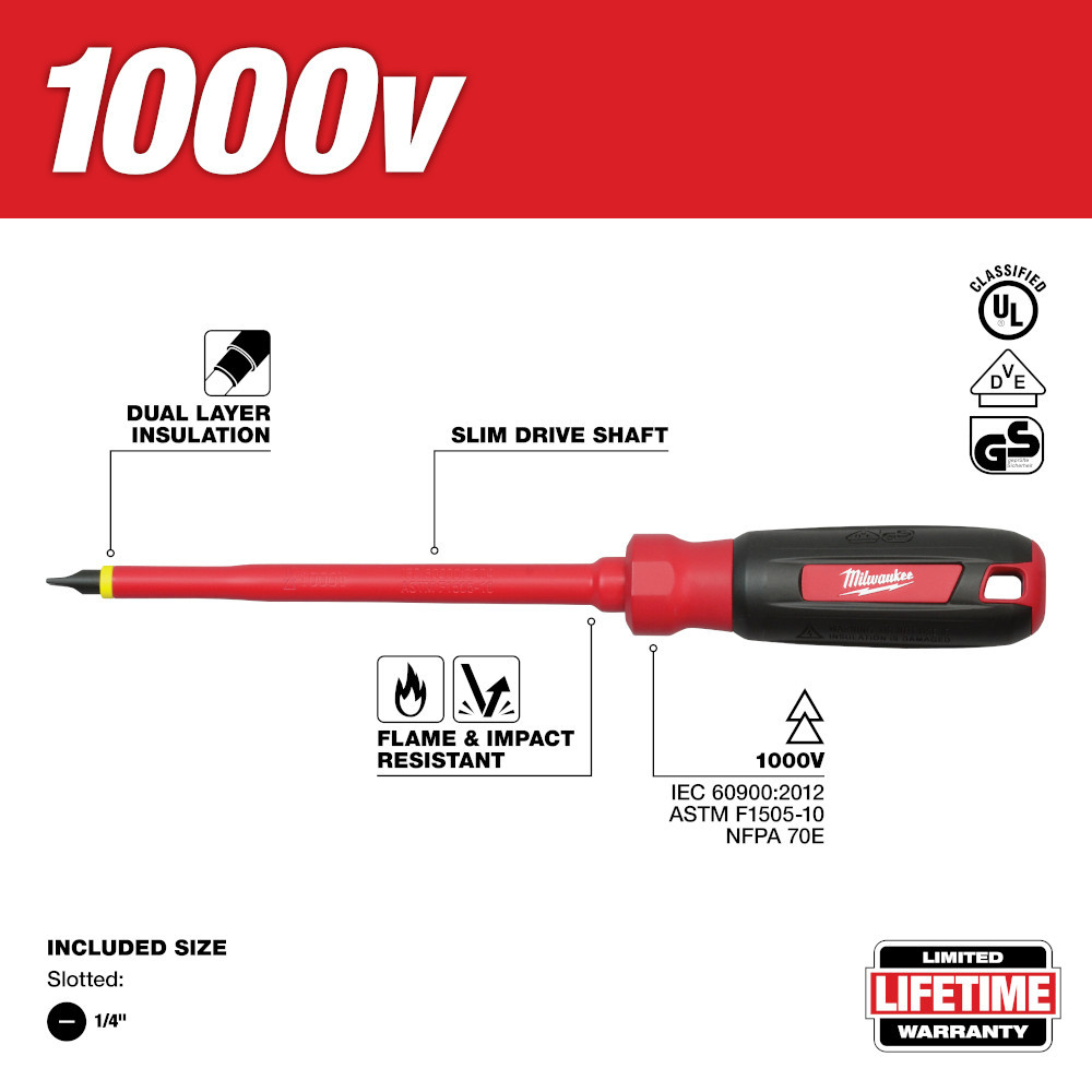 Milwaukee 48-22-2221 1/4 in. Slotted - 6 in. 1000 V Insulated Screwdriver