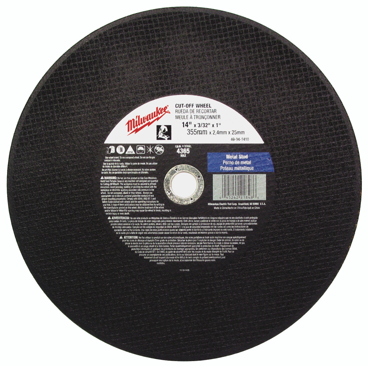Milwaukee 49-94-1405 14 in. x 3/32 in. x 1 in. Cut-Off Wheel (Type 1)