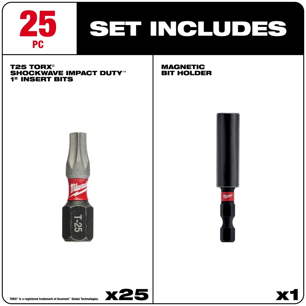 Milwaukee 48-32-5016 Shockwave Impact T25 Insert Bits with Bit Holder 25PK