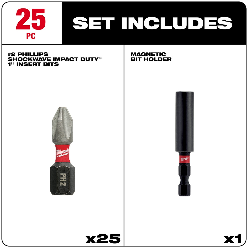 Milwaukee 48-32-5009 Shockwave Impact Phillips #2 Insert Bits with Bit Holder 25PK