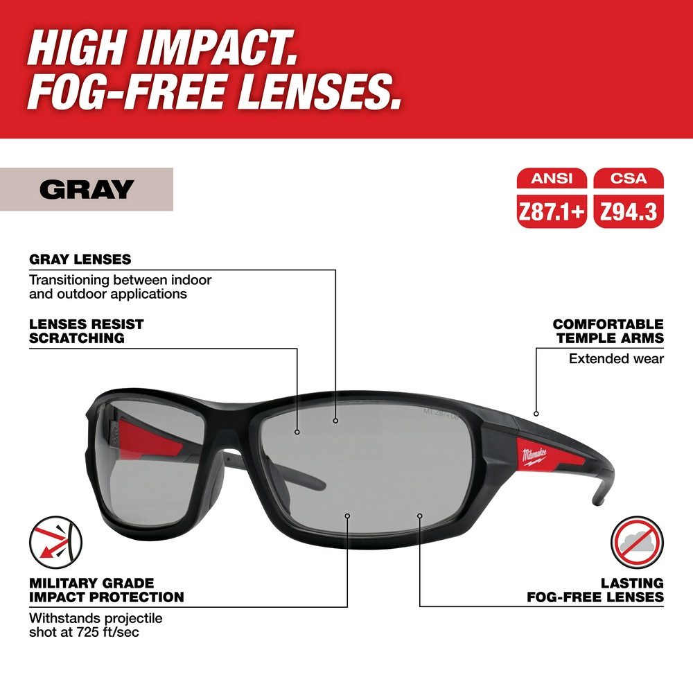 Milwaukee 48-73-2126 Performance Safety Glasses - Gray Fog-Free Lenses (Polybag)