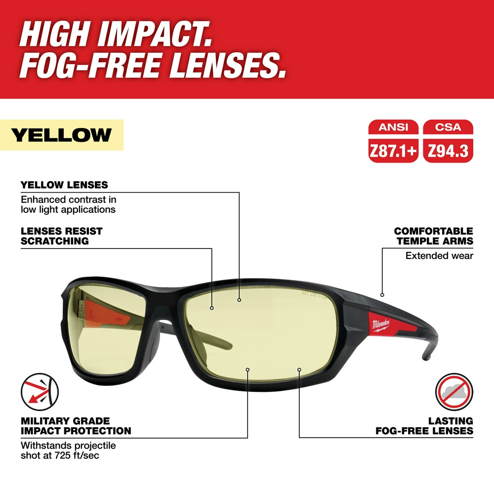 Milwaukee 48-73-2120 Performance Safety Glasses - Yellow Fog-Free Lenses