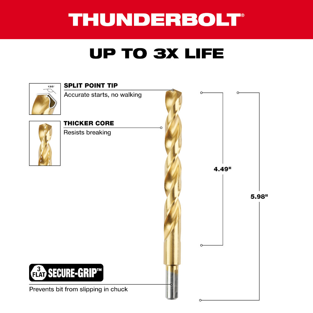 Milwaukee 48-89-2229 1/2 in. Thunderbolt Titanium Coated Drill Bit