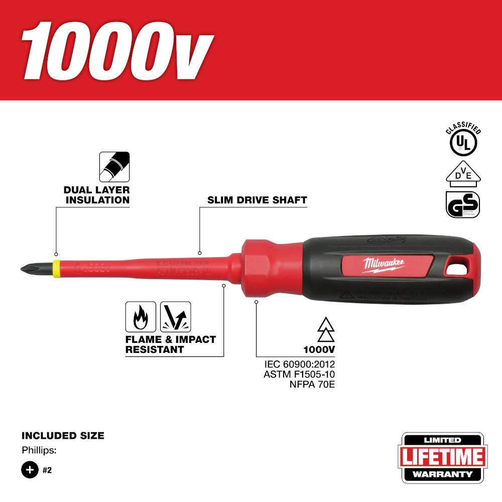 Milwaukee 48-22-2212 #2 Phillips - 4 in. 1000 V Insulated Screwdriver