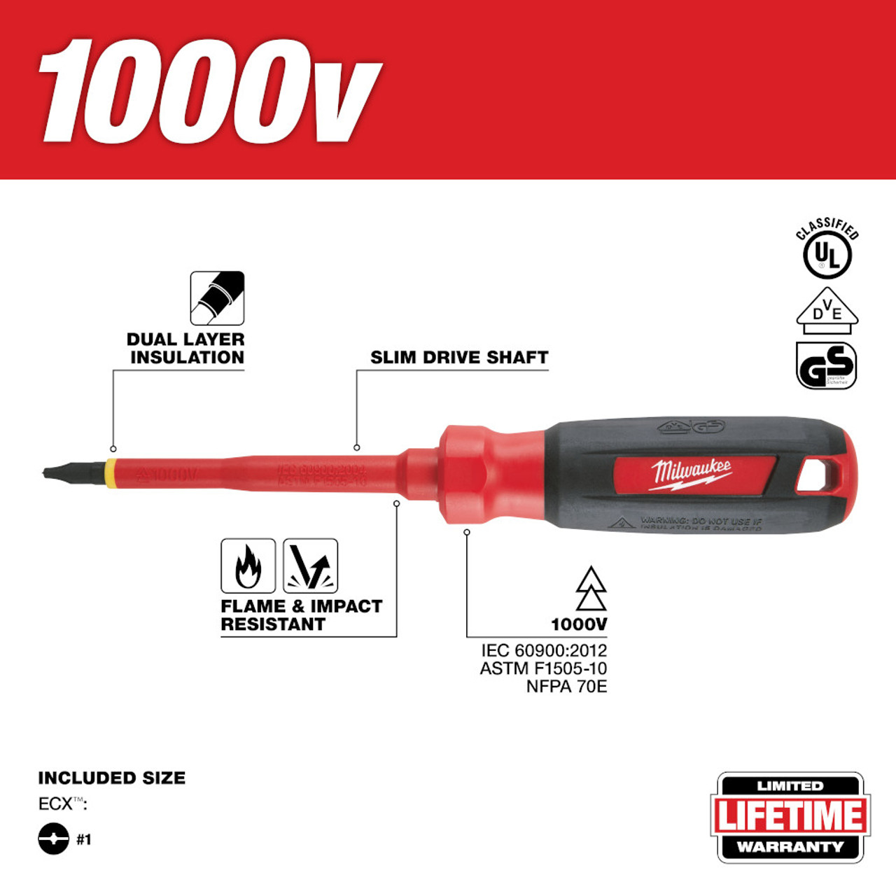 Milwaukee 48-22-2241 #1 ECX 4 in. 1000V Insulated Screwdriver Milwaukee 48-22-2241 #1 ECX 4 in. 1000V Insulated Screwdriver