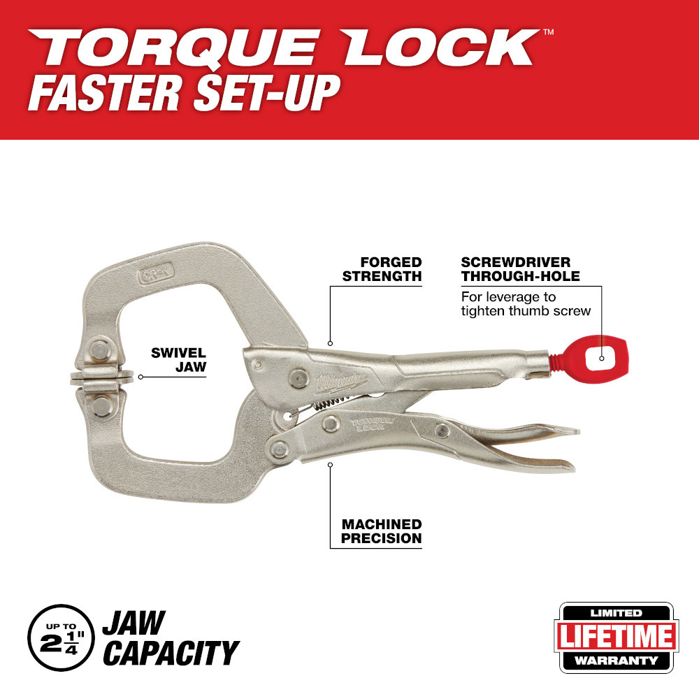 Milwaukee 48-22-3522 6 Inch TORQUE LOCK Locking C-Clamp With Swivel Jaws
