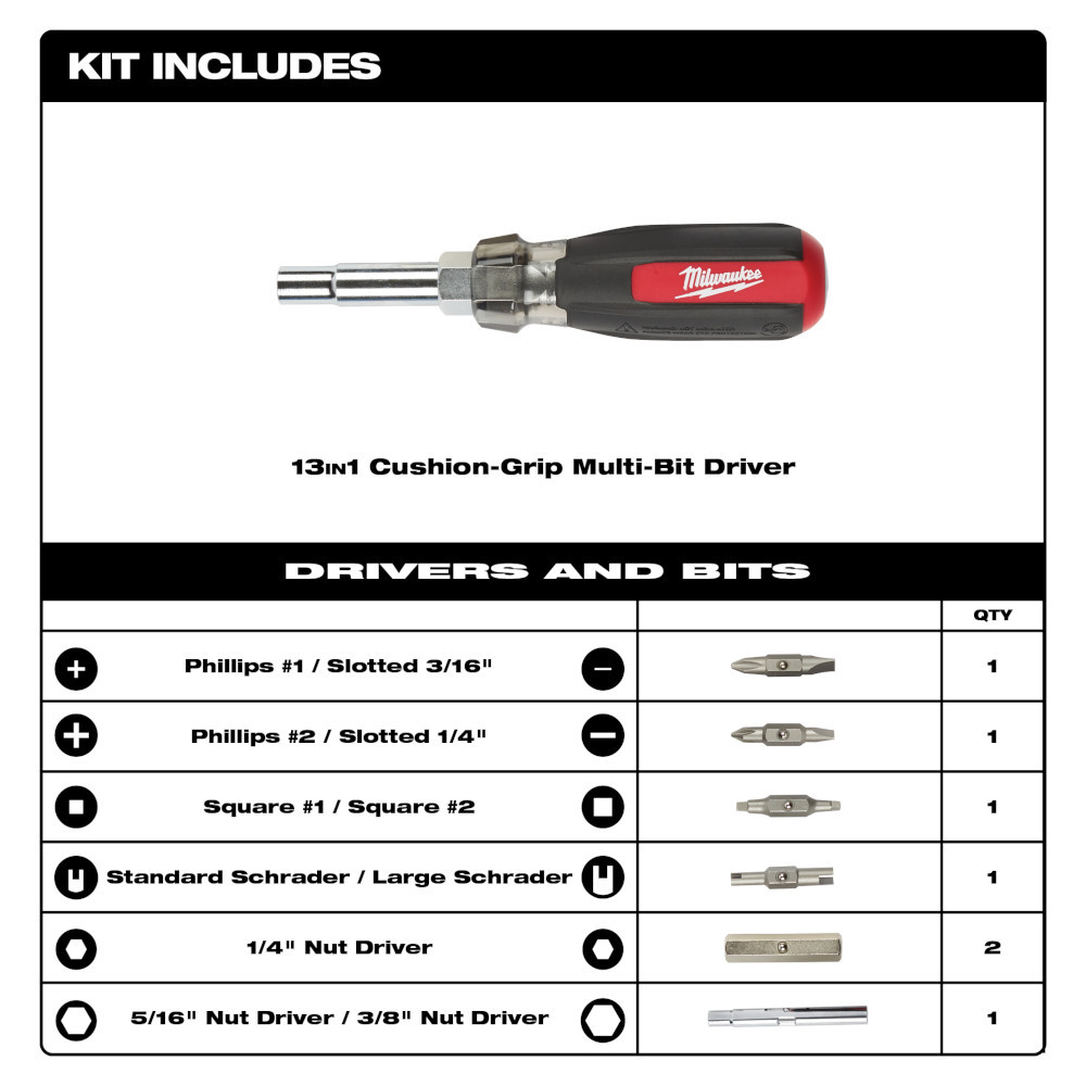 Milwaukee 48-22-2881 13-in-1 Cushion Grip Screwdriver with Schrader Bit
