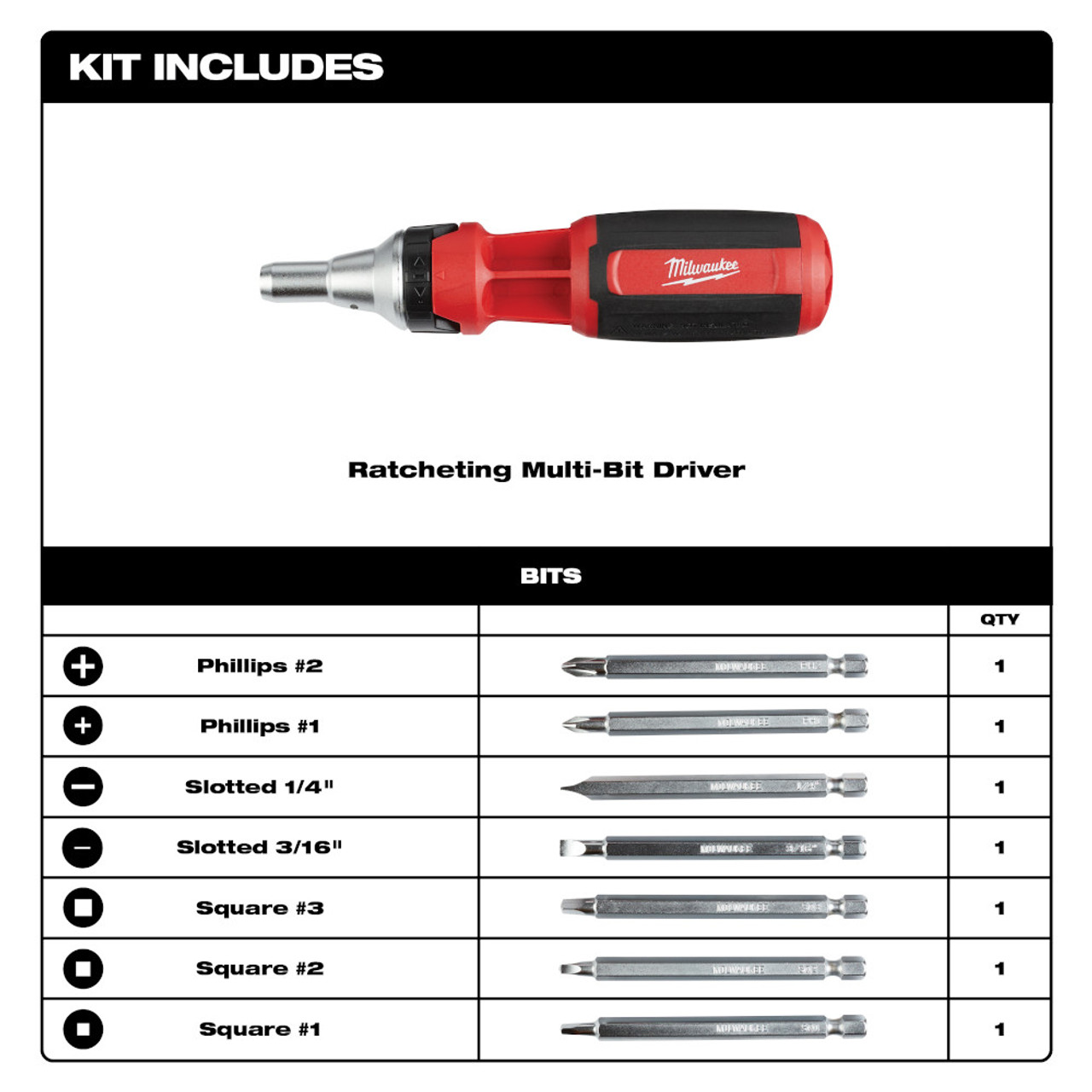 Milwaukee 48-22-2322 9-in-1 Square Drive Ratcheting Multi-Bit Driver