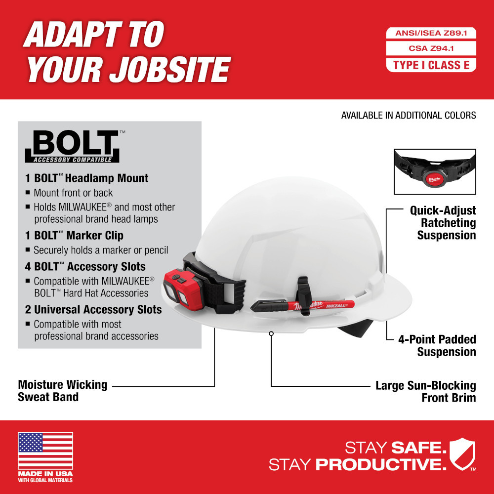 Milwaukee 48-73-1109 Red Full Brim Hard Hat w/4pt Ratcheting Suspension - Type 1, Class E