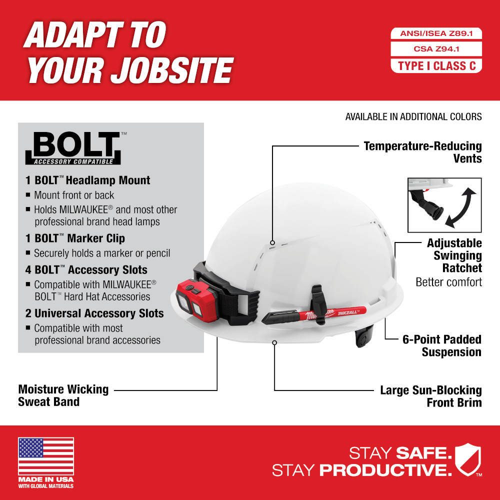 Milwaukee 48-73-1230 Black Front Brim Vented Hard Hat w/6pt Ratcheting Suspension - Type 1, Class C