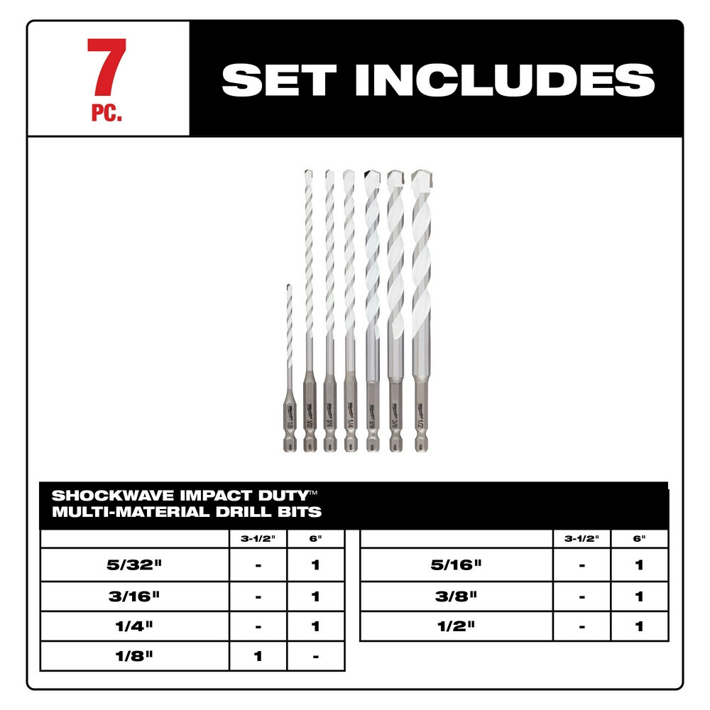 Milwaukee 48-20-8899 7pc. Shockwave Impact Duty Carbide Multi-Material Drill Bit Kit
