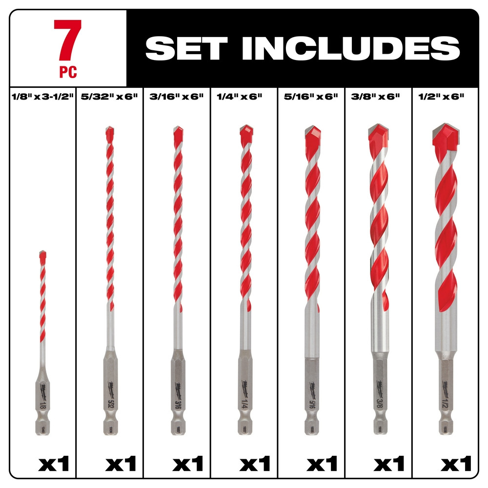 Milwaukee 48-20-9057 7pc. Large Shockwave Carbide Hammer Drill Bit Kit