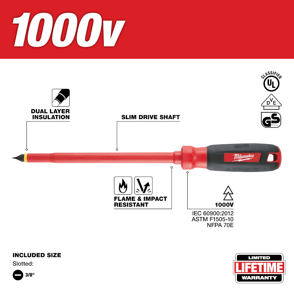 Milwaukee 48-22-2223 3/8 in. Slotted - 8 in. 1000 V Insulated Screwdriver