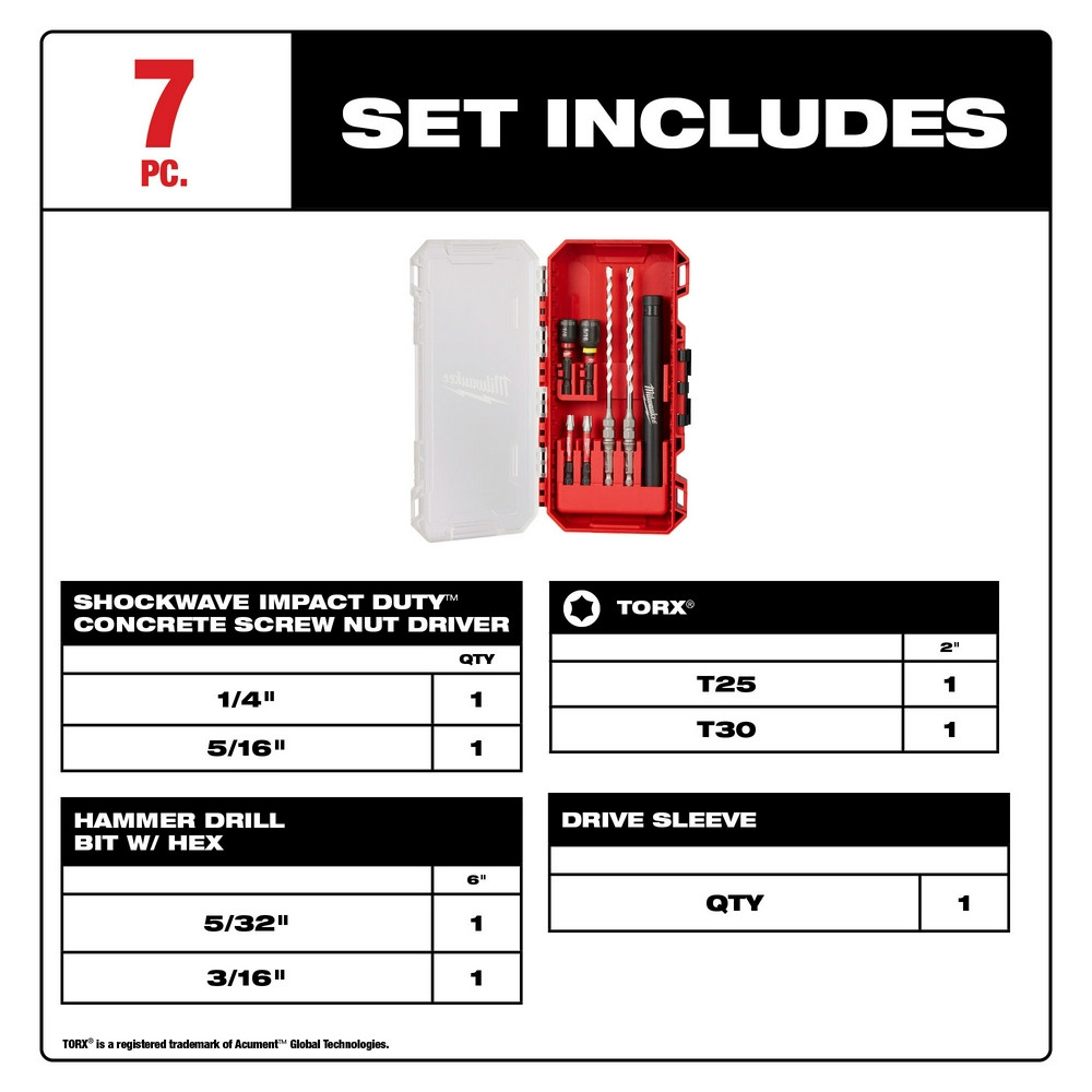 Milwaukee 48-20-8877 7pc. Shockwave Impact Duty Carbide Multi-Material Drill Bit Concrete Screw Install Kit