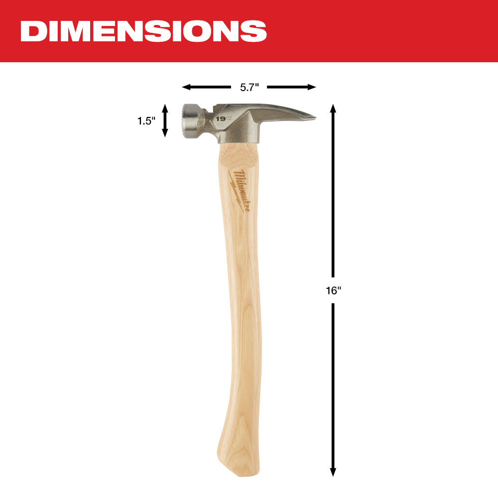 Milwaukee 48-22-9419 19oz Milled Face Hickory Wood Framing Hammer