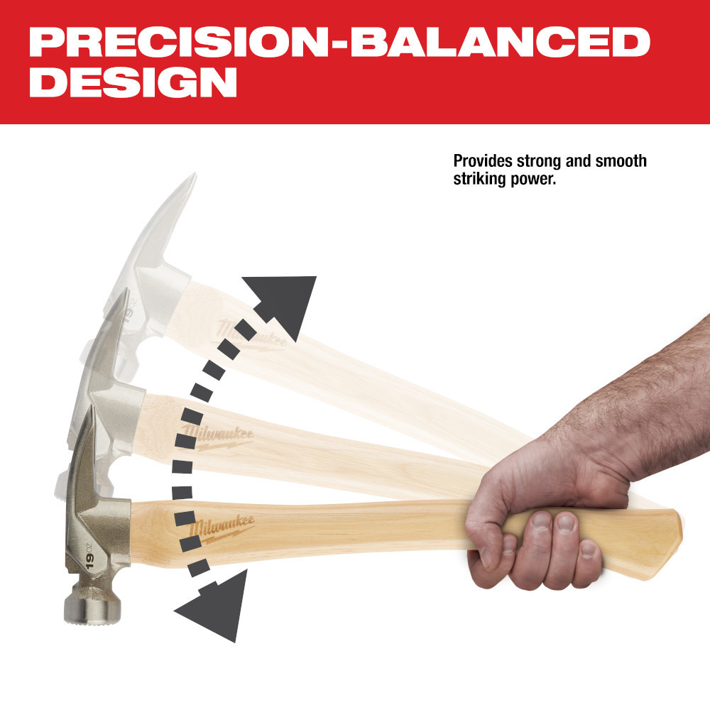 Milwaukee 48-22-9419 19oz Milled Face Hickory Wood Framing Hammer
