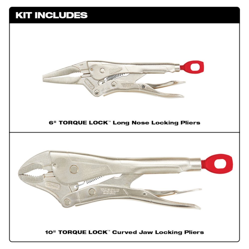 Milwaukee 48-22-3602 2Pc 10 in. Curved Jaw & 6 in. Long Nose TORQUE LOCK Locking Pliers Set