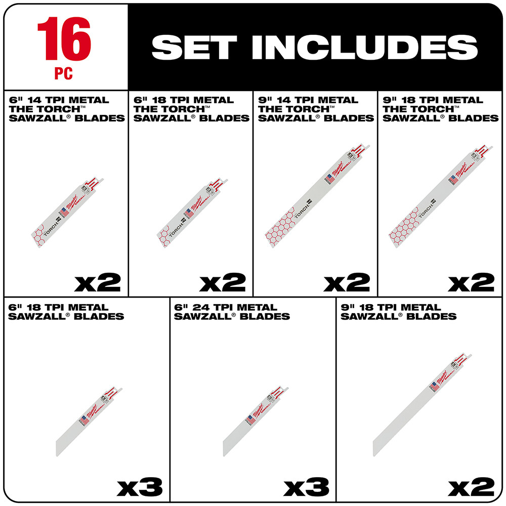 Milwaukee 49-22-1216 16 PC SAWZALL Metal Cutting Blade Set