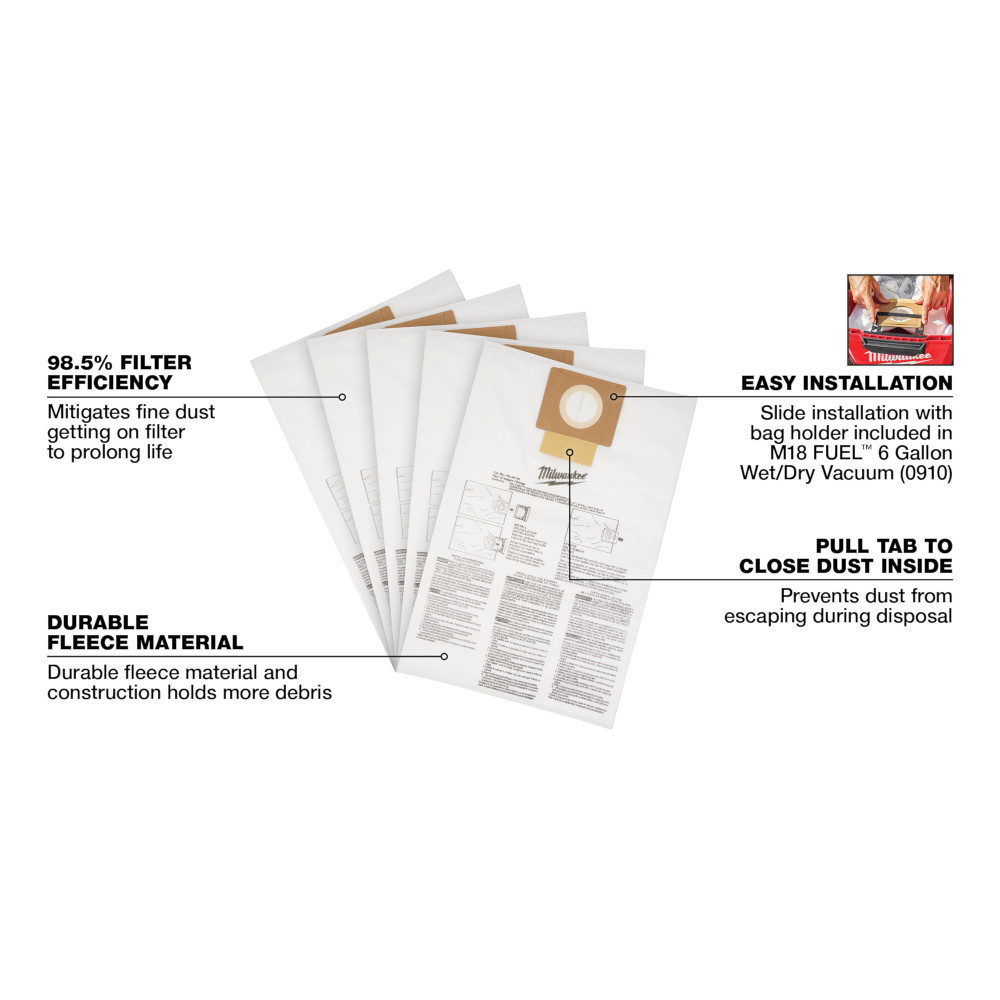 Milwaukee 49-90-1979 Fleece Dust Bags (5PK) - 6 Gallon