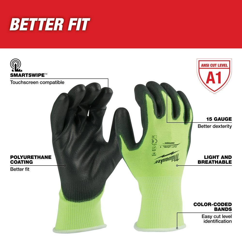 Milwaukee 48-73-8911B 12 Pair High Visibility Cut Level 1 Polyurethane Dipped Gloves - M