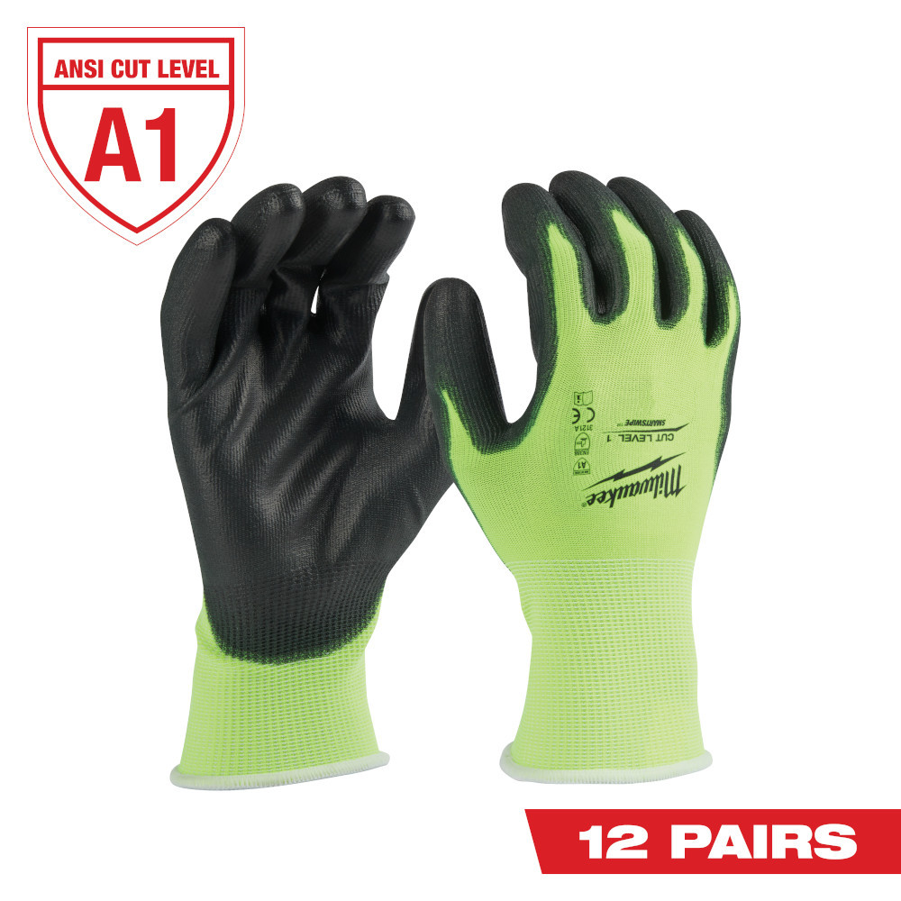 Milwaukee 48-73-8912B 12 Pair High Visibility Cut Level 1 Polyurethane Dipped Gloves - L