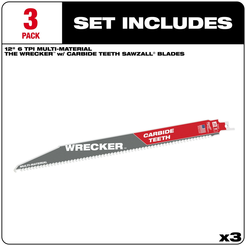 Milwaukee 48-00-5343 12" 6 TPI THE WRECKER with Carbide Teeth SAWZALL Blade 3PK