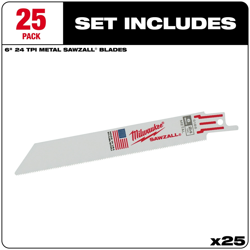 Milwaukee 48-00-8186 6 in. 24 TPI Thin Kerf SAWZALL Blades 25PK