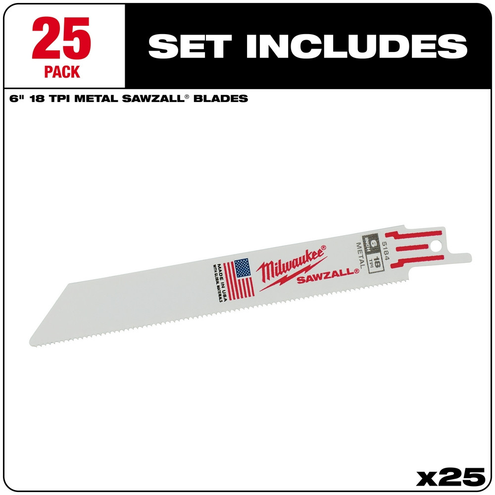 Milwaukee SAWZALL 6 inch, 18TPI Standard Metal Blade - 25 Pack - 48-00-8184