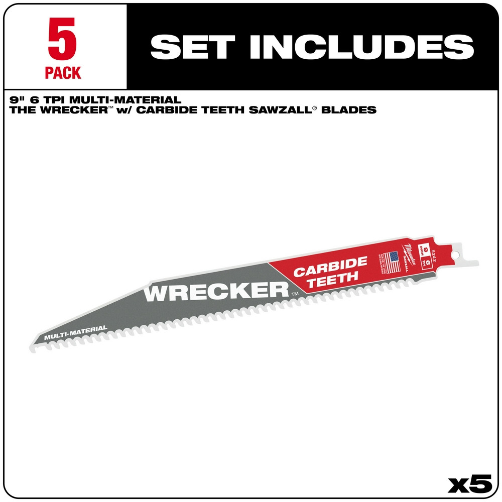 Milwaukee 48-00-5542 9" 6 TPI THE WRECKER with Carbide Teeth SAWZALL Blade 5PK