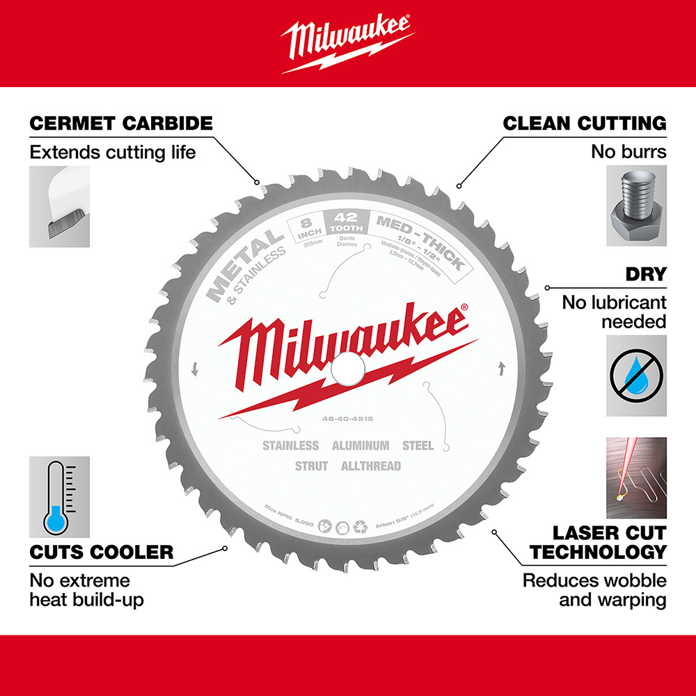 Milwaukee 48-40-4515 8 In. 42 Tooth Dry Cut Cermet Tipped Circular Saw - Foto 7