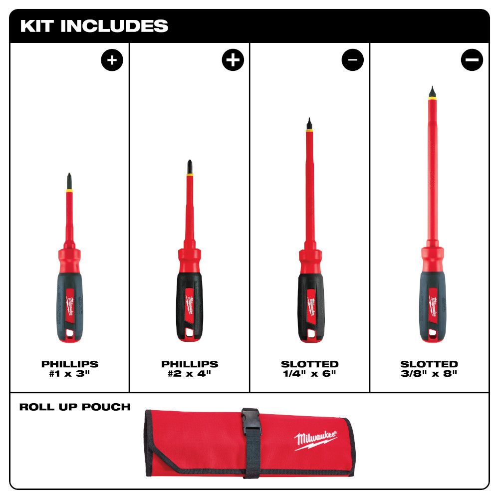 Milwaukee 48-22-2204 4-Piece 1000V Insulated Screwdriver Set w/ Roll Pouch